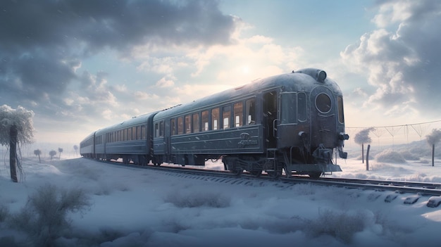 Een trein op een besneeuwd spoor met een bewolkte lucht op de achtergrond.