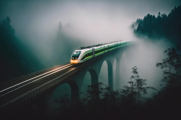 Een trein op een brug met mist op de achtergrond