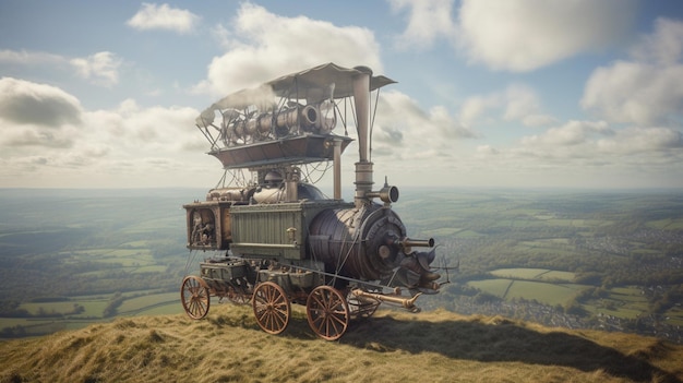 Een trein op een heuvel met daarop een groot aantal stoommachines