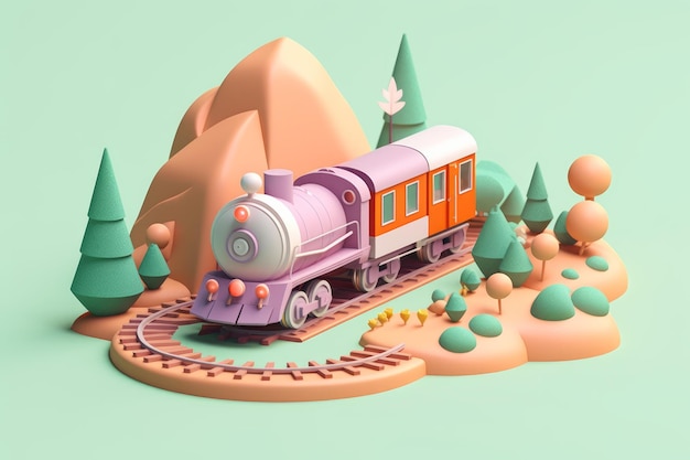 Een trein op een spoor met een berg en bos op de achtergrond