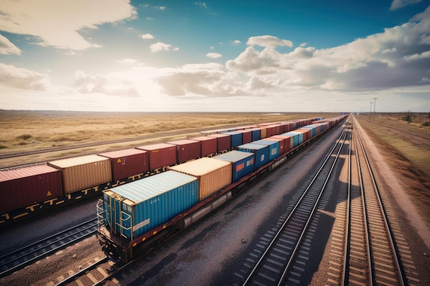 Een trein op een spoor met een blauwe container erop.