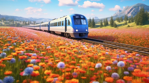 Een trein passeert een bloemenveld.