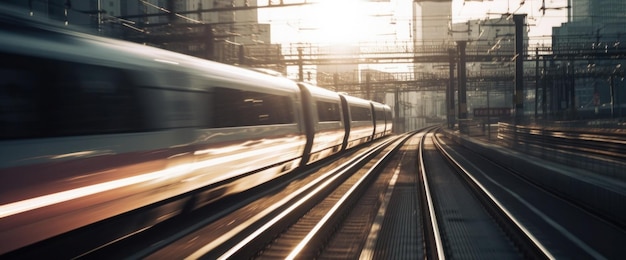 Een trein passeert een gebouw.