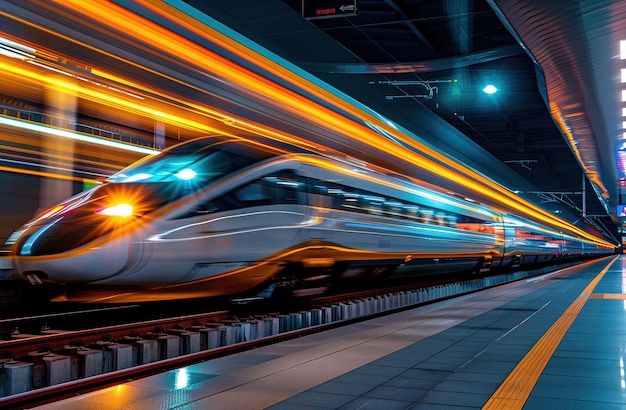 een trein passeert een platform met de lichten aan