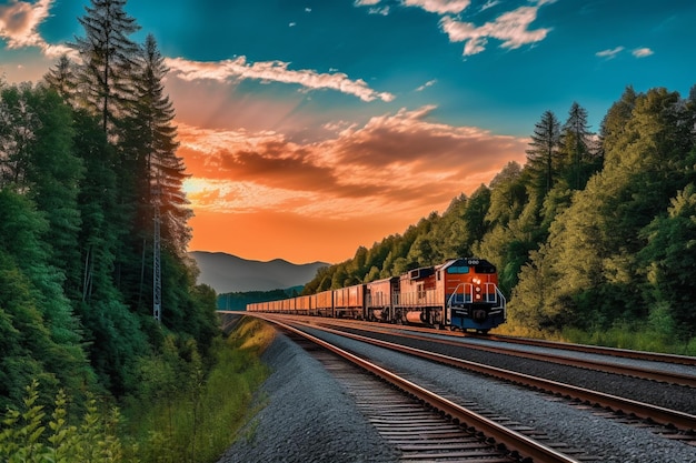 Een trein rijdt door een bos met daarachter de ondergaande zon.