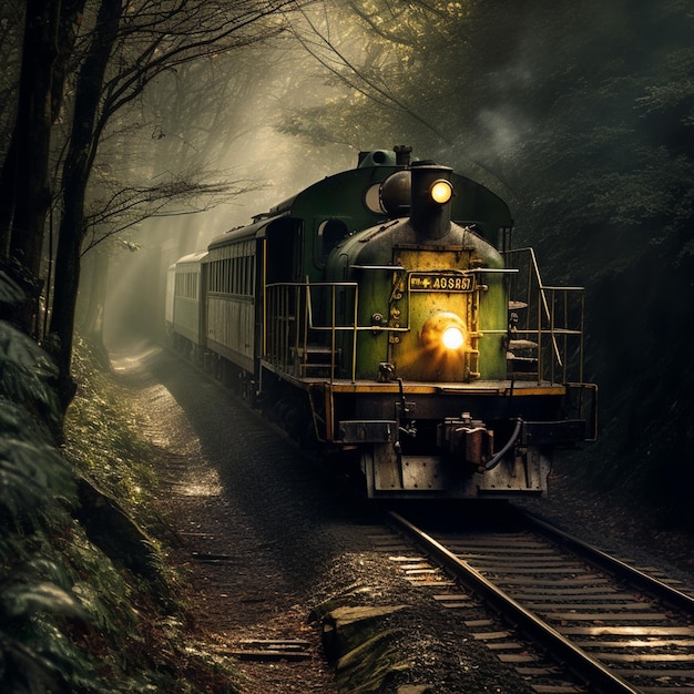 Foto een trein rijdt door een donker bos met de woorden 