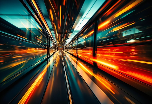 Foto een trein rijdt met wazige beweging door een tunnel