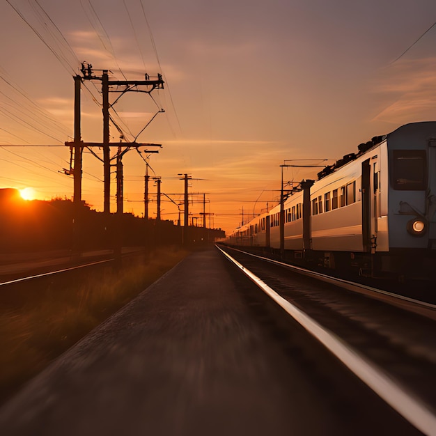 Een trein rijdt op de rails bij zonsondergang.