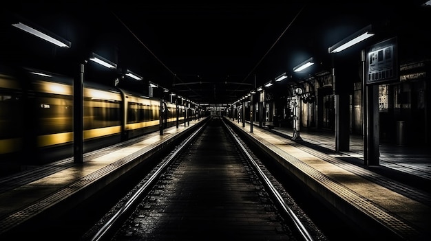 Een trein rijdt over de rails in een donkere tunnel.