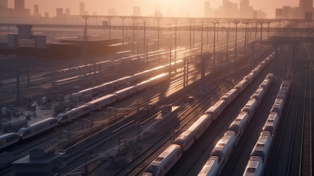 Een trein staat op de rails in een treinemplacement.