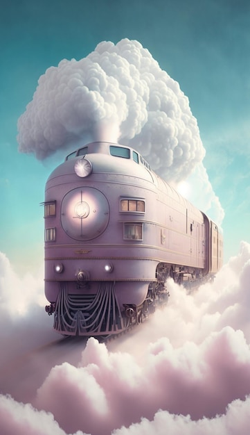 Een trein vliegt in de wolken en er komt rook uit.