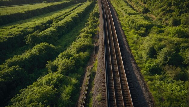 een treinspoor dat door een weelderig groen platteland loopt