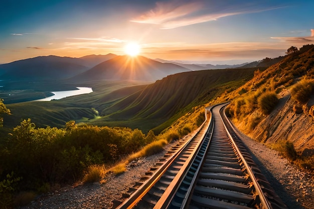 Een treinspoor in de bergen bij zonsondergang