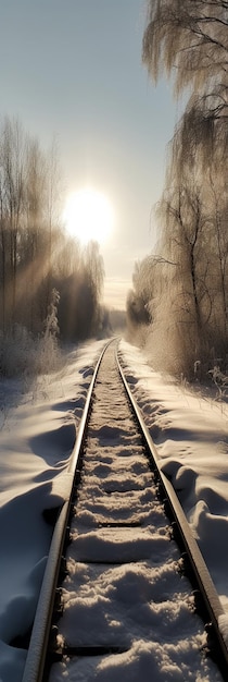 Een treinspoor in de sneeuw