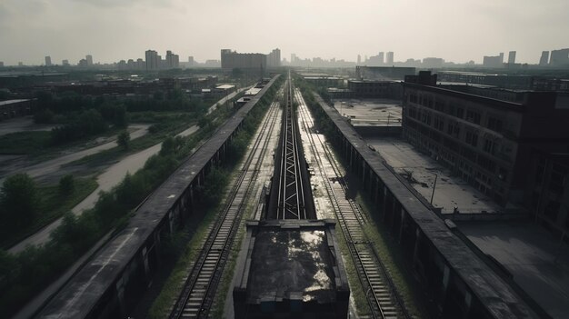 Een treinspoor is omgeven door gebouwen en de stad ligt op de achtergrond.