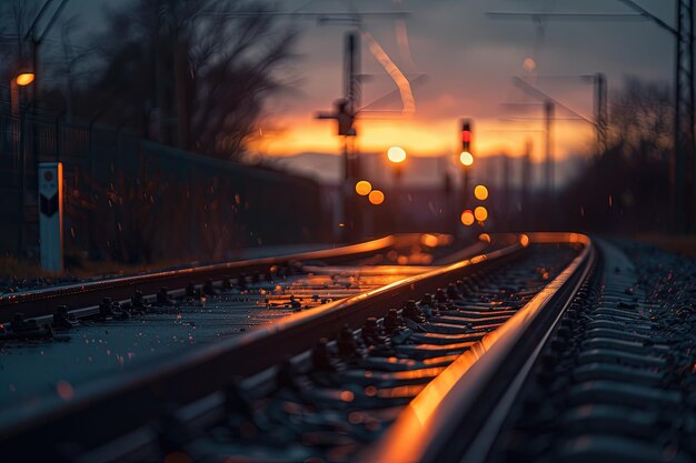 Een treinspoor met de zonsondergang op de achtergrond