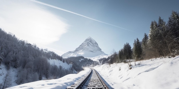 Een treinspoor met een berg op de achtergrond