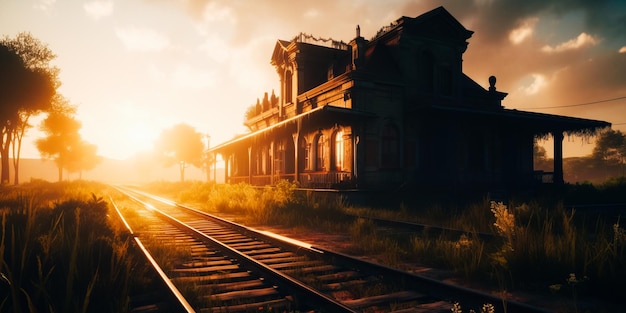 Een treinstation met een zonsondergang op de achtergrond