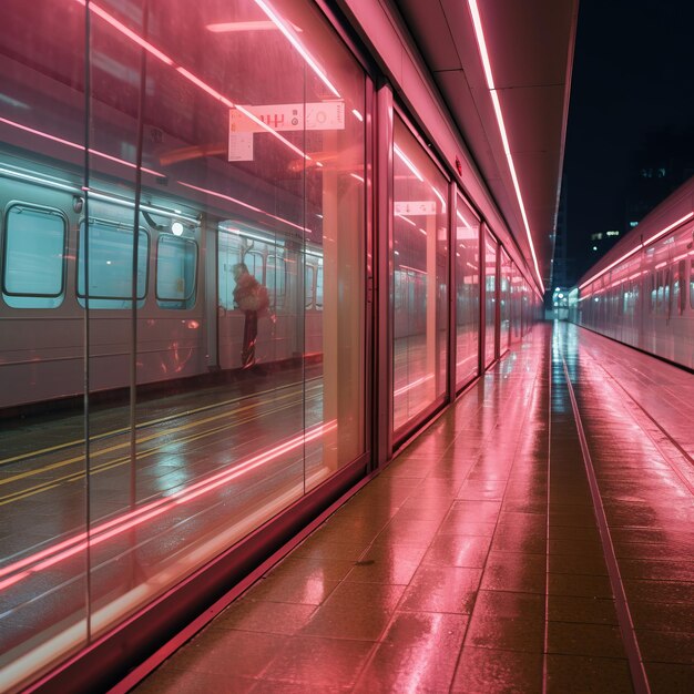 Foto een treinstation 's nachts met rode lichten