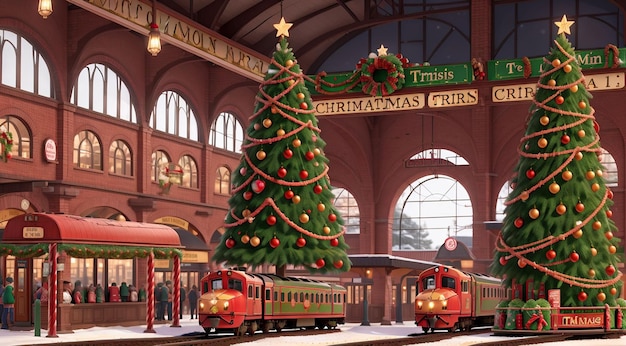 Een treinstation versierd met kerstversiering