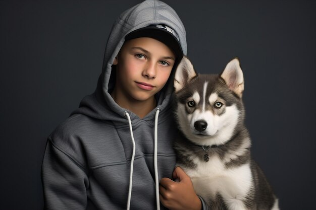 Een trendy jonge jongen in athleisure-kleding die zelfvertrouwen uitstraalt terwijl hij met zijn trouwe husky-puppy staat
