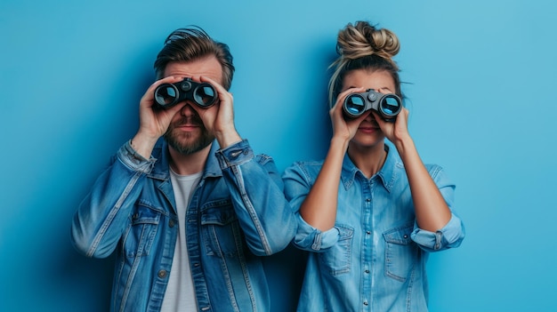 Een trendy jonge man en vrouw in denim kleding met een verrekijker tegen een levendige blauwe achtergrond