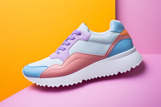 Een trendy sneaker met een uniek roze blauw en wit kleurenschema