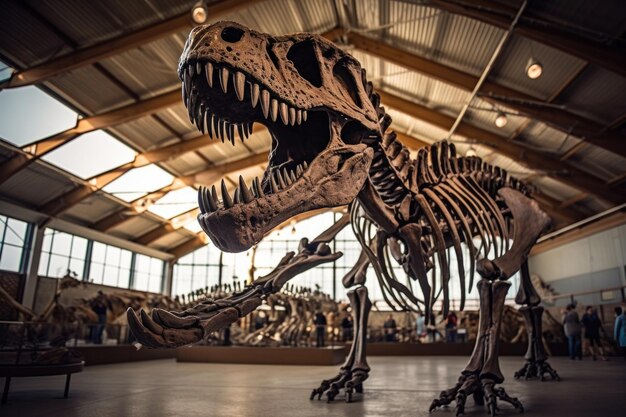 een TRex dinosaurus skelet in een museum