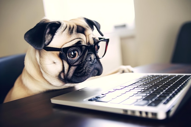 Een trieste pug vooraan op zijn laptop ai generatieve illustratie