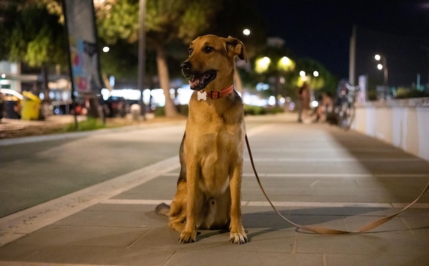 Een trieste verloren hond wacht 's avonds laat op zijn baasje op de stoep