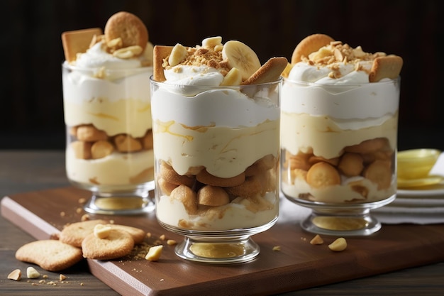 Een trio van desserts met bananenroomkaas en koekjes op een houten bord.