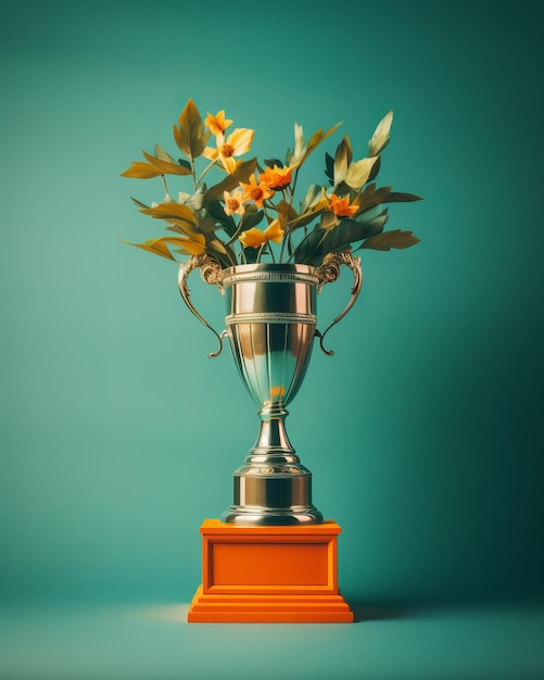 een trofee met daarop bloemen op een groene achtergrond