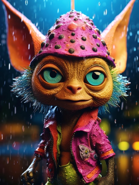Een trol in de regen met een roze jasje en blauwe ogen.