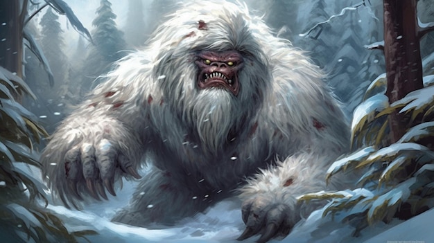 Een trol in de sneeuw met een besneeuwde berg op de achtergrond.