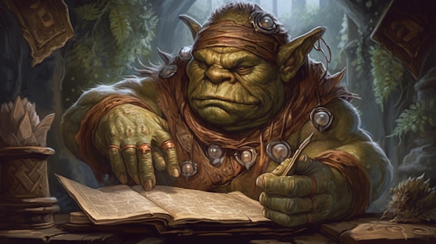 Een trol leest een boek in een bos.