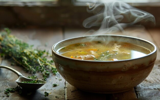 Een troostende kom met kipbouillon die stoomt in een zonnebadende rustieke omgeving versierd met verse kruiden