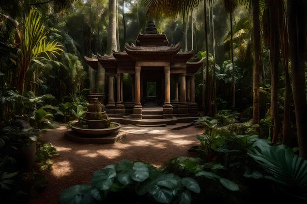 Foto een tropisch bos met een tempel er middenin