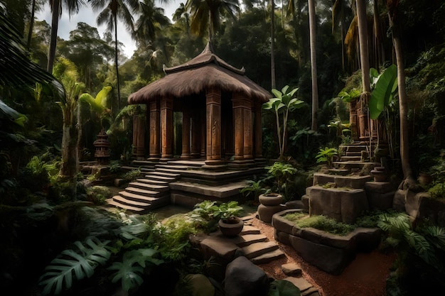 Een tropisch eiland in de jungle met in het midden een pagode.