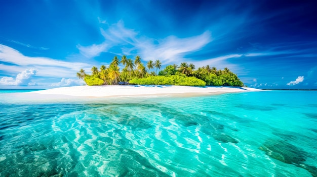 Een tropisch eiland met een blauwe lucht en palmbomen op de achtergrond