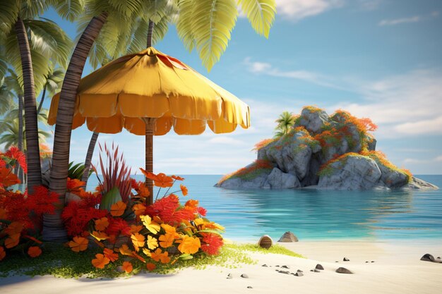 Een tropisch eiland met een gele en rode strandparaplu en bloemen