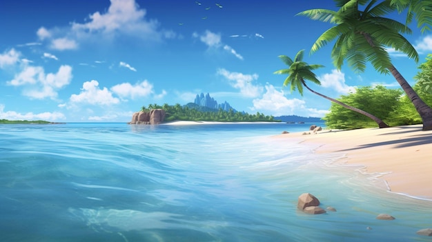 Een tropisch eiland met een strand en palmbomen