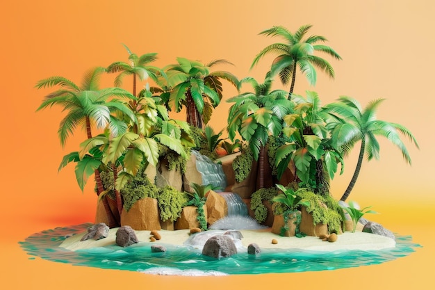Een tropisch eiland met een waterval en palmbomen