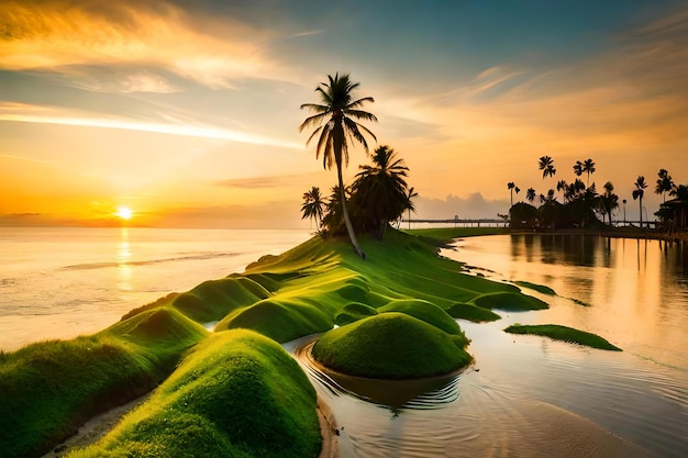 Een tropisch eiland met een zonsondergang op de achtergrond