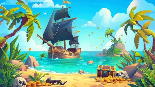 Een tropisch eiland met gouden munten palmbomen en een gebroken piratenschip Modern cartoon zeegebied met zeilboot na schipbreuk met schedel op zwarte zeilen