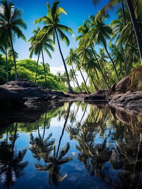 een tropisch eiland met palmbomen en de weerspiegeling van de lucht