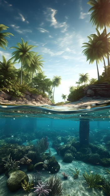 Een tropisch eiland met palmbomen en een blauwe lucht met de zon die door het water schijnt.