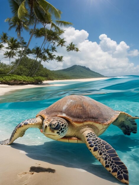 Een tropisch onderwaterparadijs. Een schildpad drijft onder water. De waterlijn scheidt het beeld in twee.