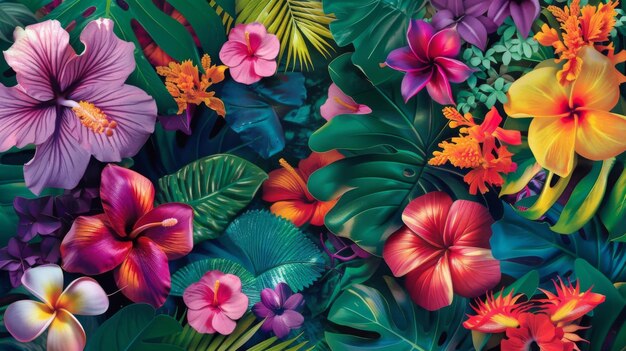 Een tropisch paradijs komt tot leven met een heldere en levendige afdruk van exotische bloemen, palmbladeren en