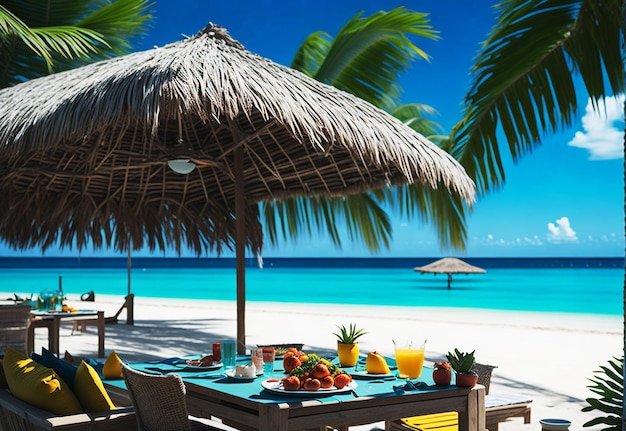 Foto een tropisch paradijs ontvouwt zich met een strandparaplu en uitnodigend water met vers fruit