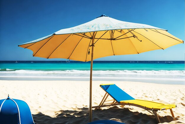 Foto een tropisch paradijs ontvouwt zich met een strandparaplu en uitnodigend water met vers fruit